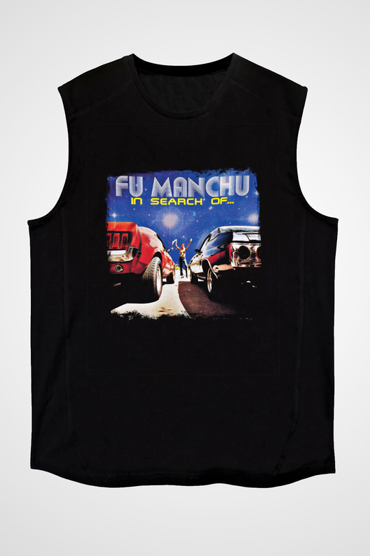 Fu Manchu Baskılı Unisex Siyah Kolsuz Tişört