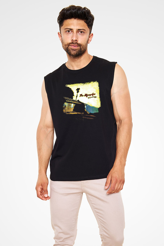 Fu Manchu Baskılı Unisex Siyah Kolsuz Tişört