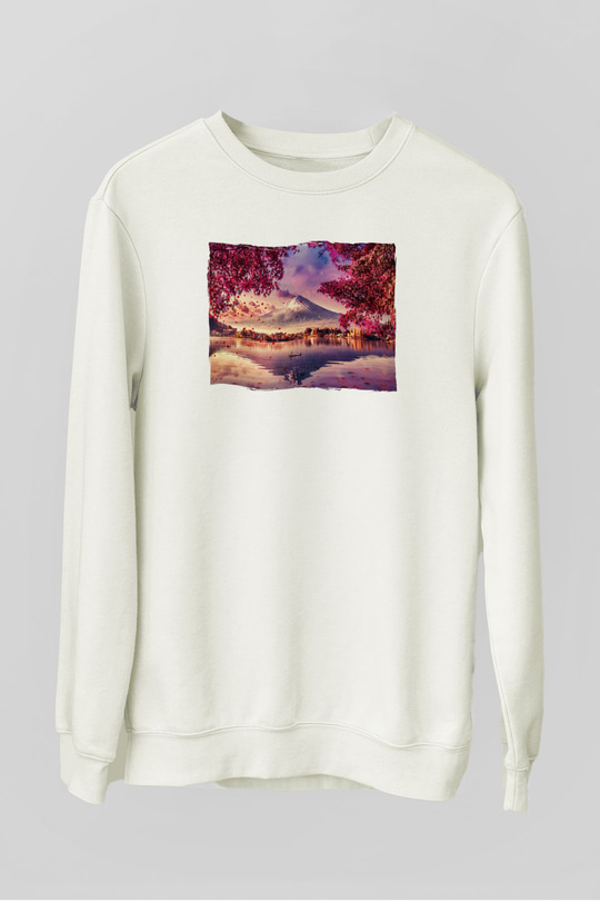 Fuji Dağı Beyaz Unisex Sweatshirt
