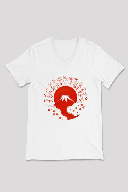 Fuji Dağı Beyaz Unisex V Yaka Tişört T-Shirt