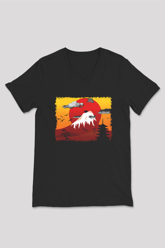 Fuji Dağı Siyah Unisex V Yaka Tişört T-Shirt
