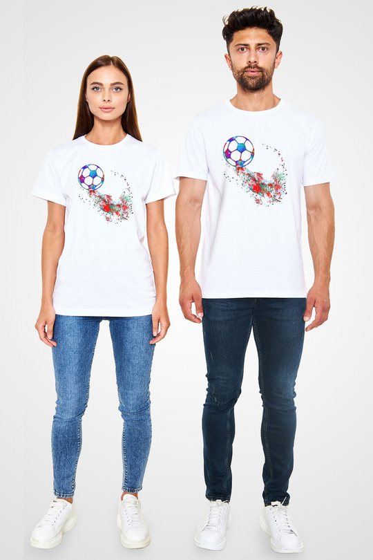 Futbol Baskılı Unisex Beyaz Tişört - Tshirt