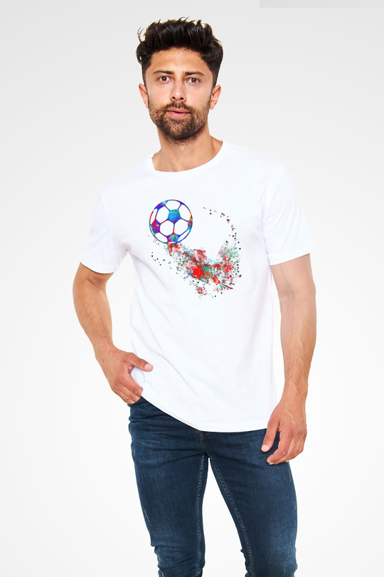 Futbol Baskılı Unisex Beyaz Tişört - Tshirt