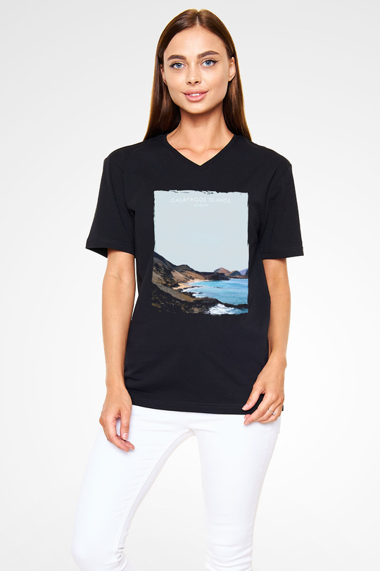 Galapagos Adaları Siyah Unisex V Yaka Tişört