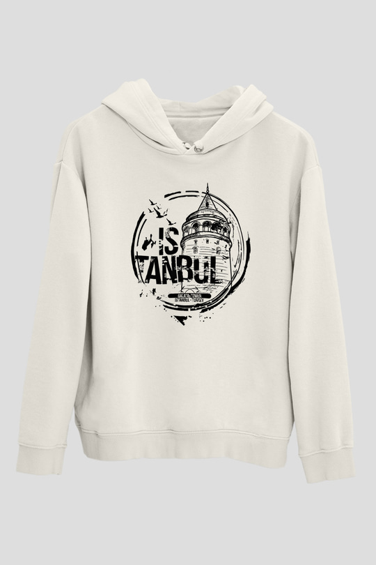Galata Kulesi Baskılı Beyaz Unisex Hoodie
