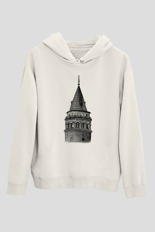 Galata Kulesi Baskılı Beyaz Unisex Hoodie