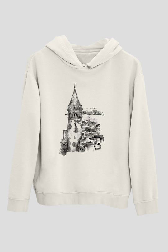 Galata Kulesi Baskılı Beyaz Unisex Hoodie