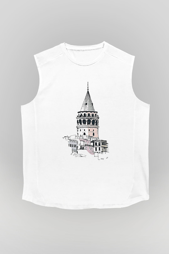 Galata Kulesi Baskılı Beyaz Unisex Kolsuz Tişört - Tshirt