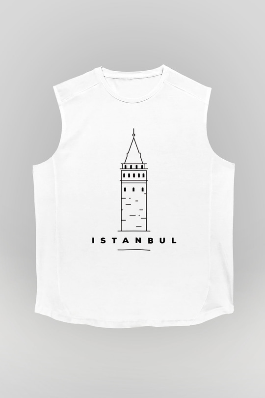 Galata Kulesi Baskılı Beyaz Unisex Kolsuz Tişört - Tshirt