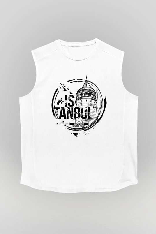 Galata Kulesi Baskılı Beyaz Unisex Kolsuz Tişört - Tshirt