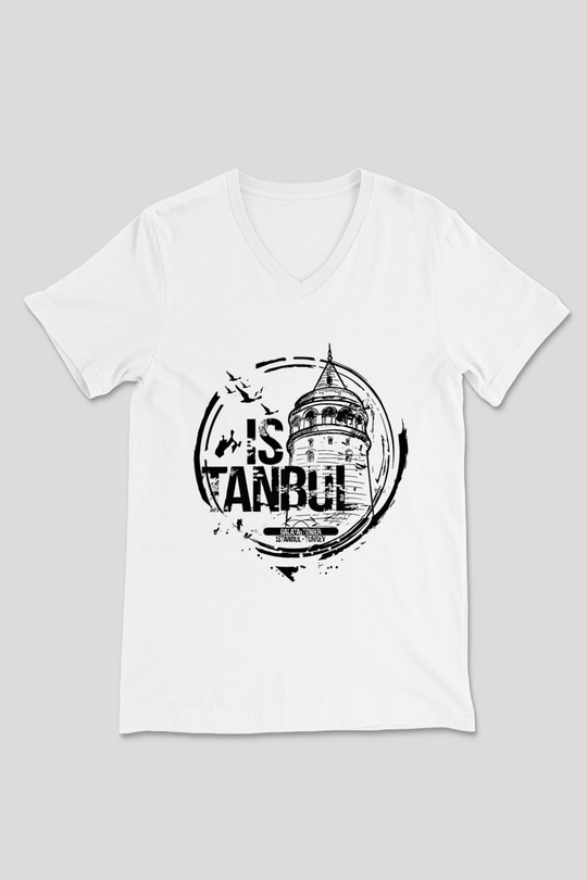 Galata Kulesi Baskılı Beyaz Unisex V Yaka Tişört - Tshirt