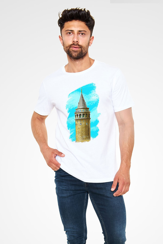 Galata Kulesi Unisex Baskılı Beyaz Tişört - Tshirt