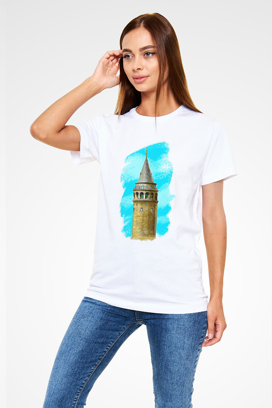 Galata Kulesi Unisex Baskılı Beyaz Tişört - Tshirt