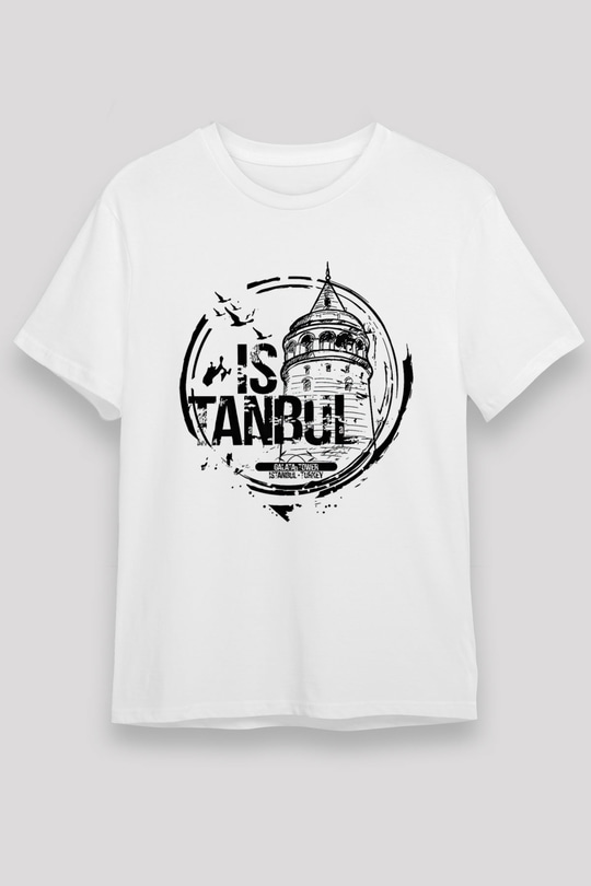Galata Kulesi Unisex Baskılı Beyaz Tişört - Tshirt
