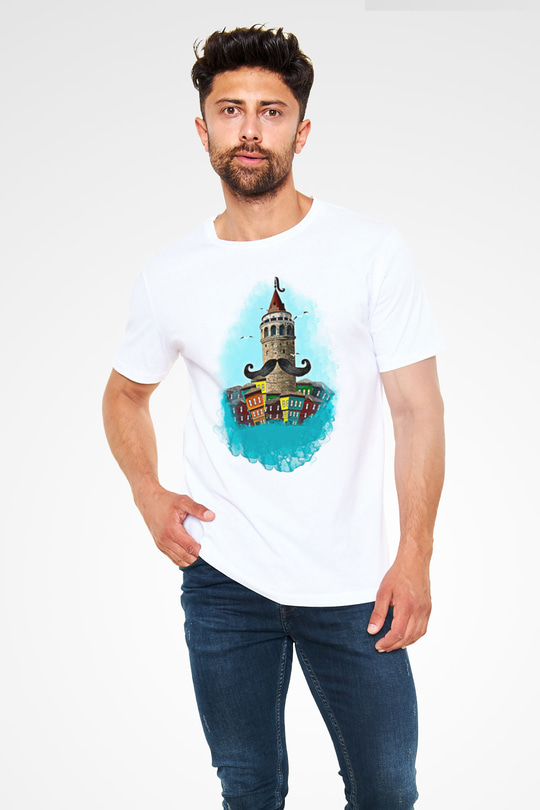 Galata Kulesi Unisex Baskılı Beyaz Tişört - Tshirt