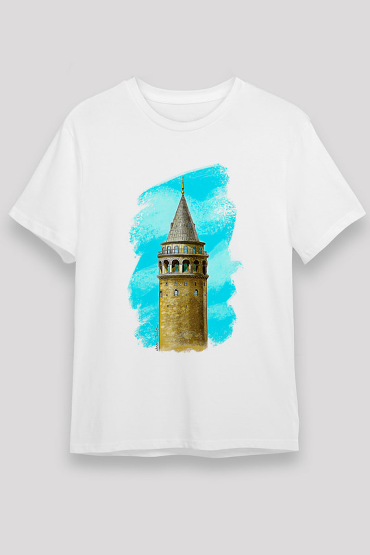 Galata Kulesi Unisex Baskılı Beyaz Tişört - Tshirt