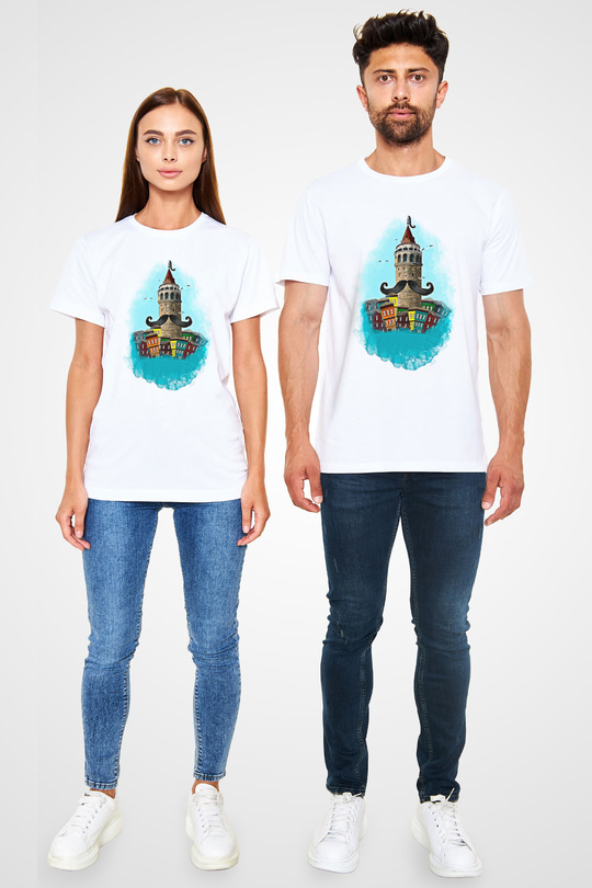 Galata Kulesi Unisex Baskılı Beyaz Tişört - Tshirt