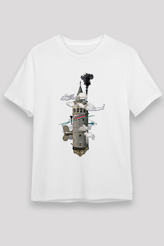 Galata Kulesi Unisex Baskılı Beyaz Tişört - Tshirt