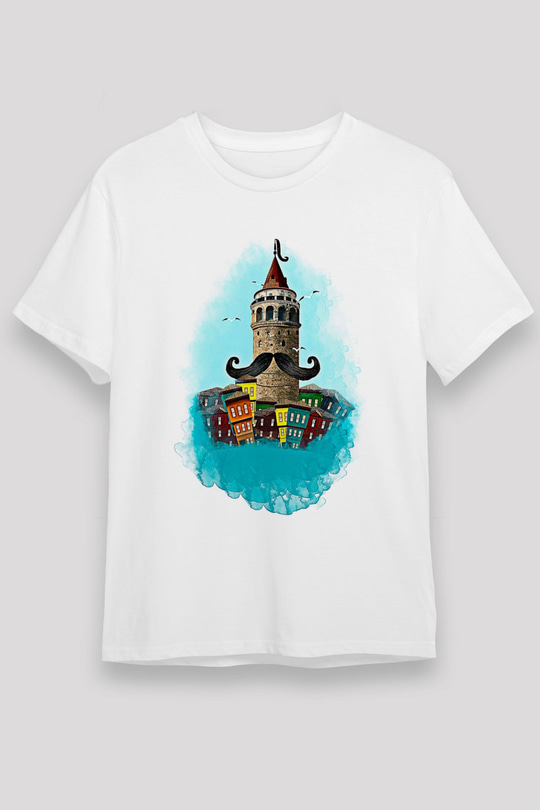 Galata Kulesi Unisex Baskılı Beyaz Tişört - Tshirt
