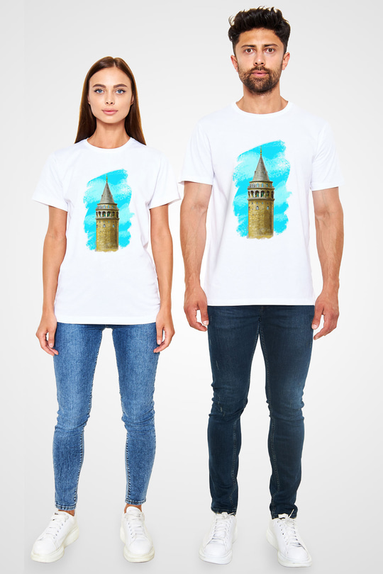 Galata Kulesi Unisex Baskılı Beyaz Tişört - Tshirt