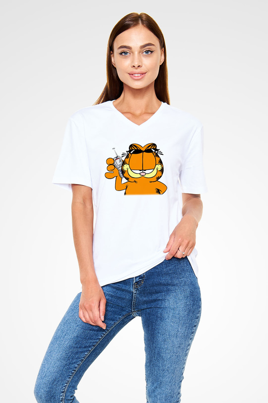 Garfield Beyaz Unisex V Yaka Tişört