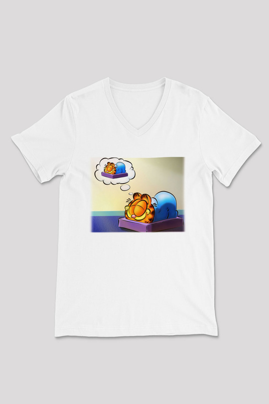 Garfield Beyaz Unisex V Yaka Tişört