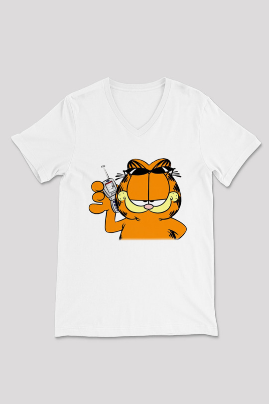 Garfield Beyaz Unisex V Yaka Tişört
