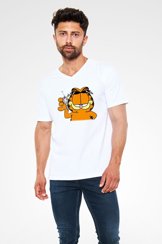 Garfield Beyaz Unisex V Yaka Tişört