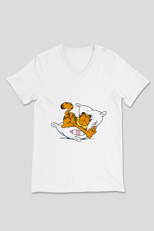 Garfield Beyaz Unisex V Yaka Tişört