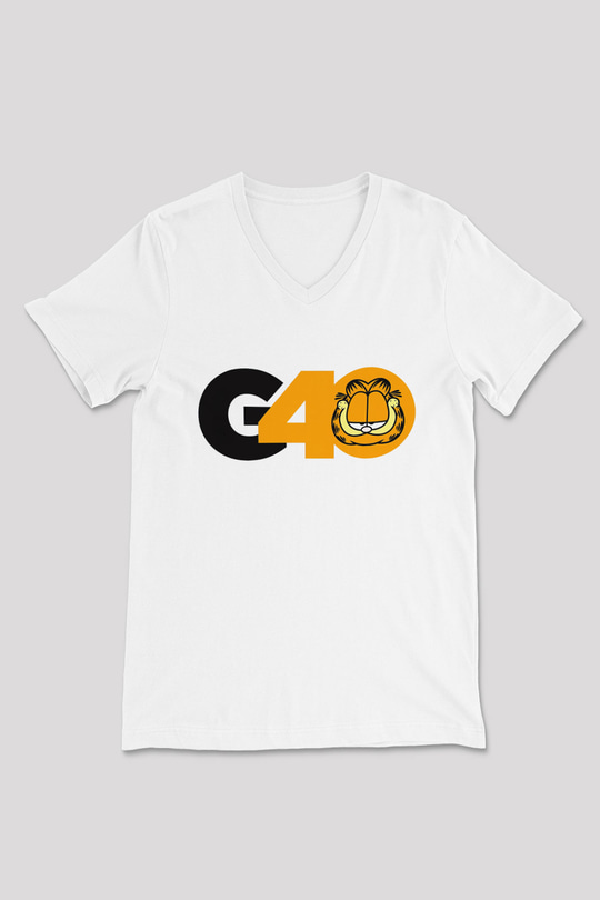 Garfield Beyaz Unisex V Yaka Tişört