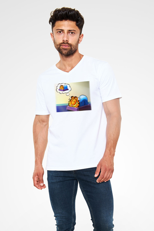 Garfield Beyaz Unisex V Yaka Tişört