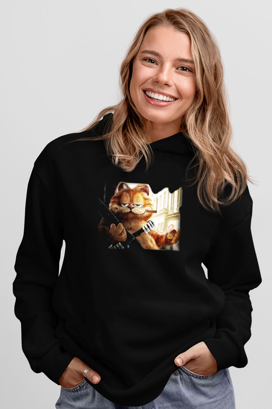 Garfield Siyah Unisex Kapüşonlu Sweatshirt