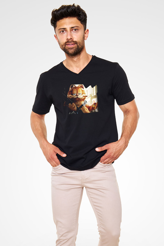 Garfield Siyah Unisex V Yaka Tişört
