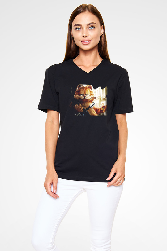 Garfield Siyah Unisex V Yaka Tişört