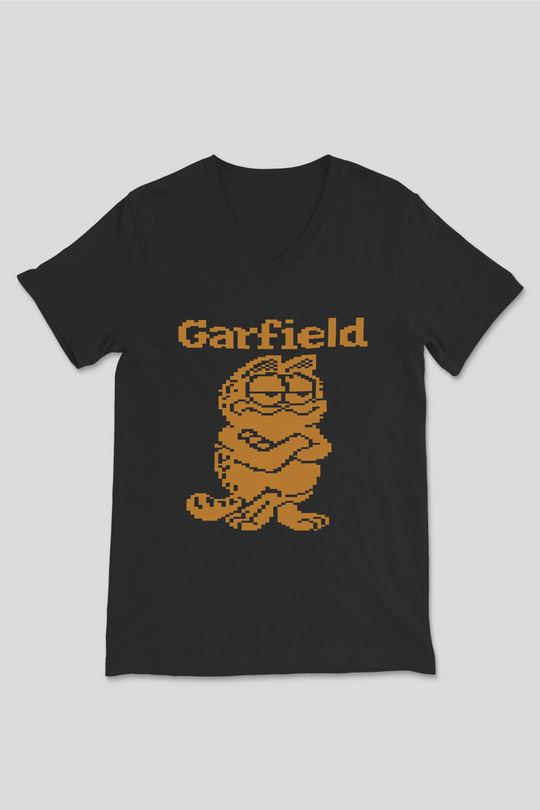 Garfield Siyah Unisex V Yaka Tişört