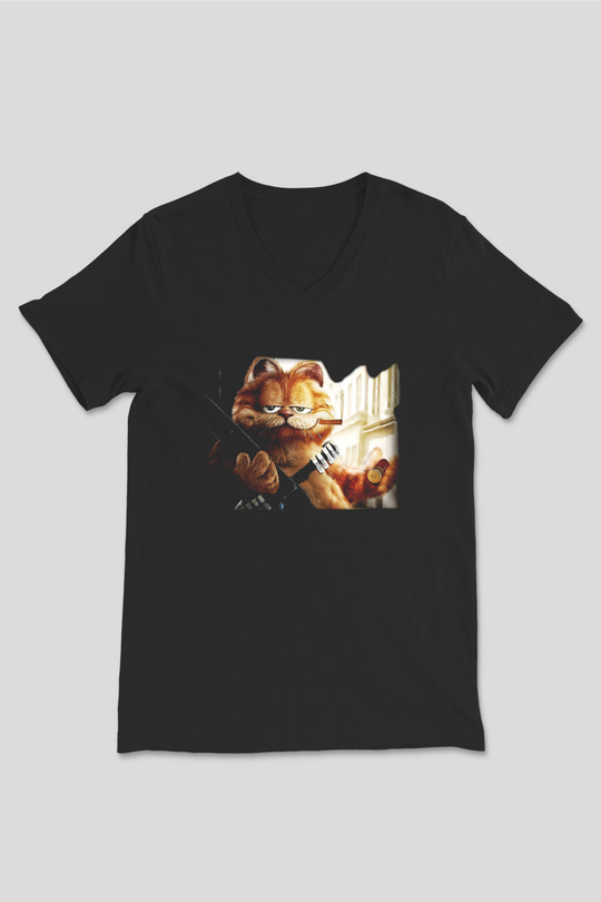 Garfield Siyah Unisex V Yaka Tişört
