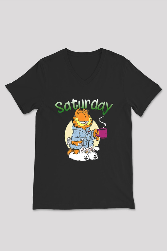 Garfield Siyah Unisex V Yaka Tişört