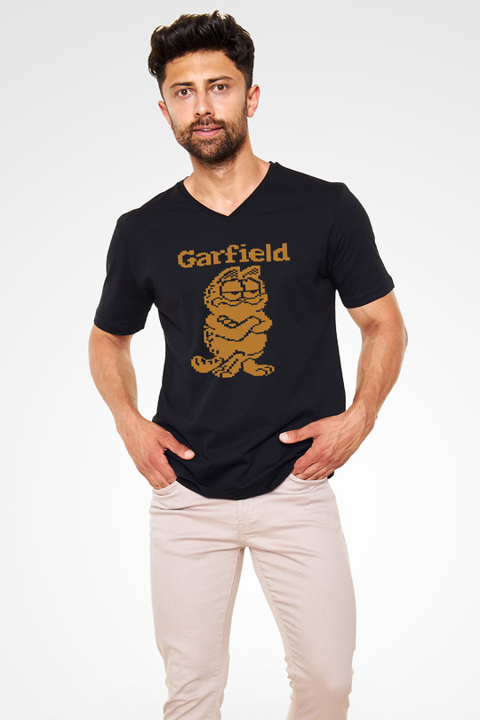 Garfield Siyah Unisex V Yaka Tişört