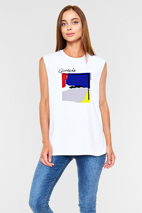 Genesis Baskılı Unisex Beyaz Kolsuz Tişört