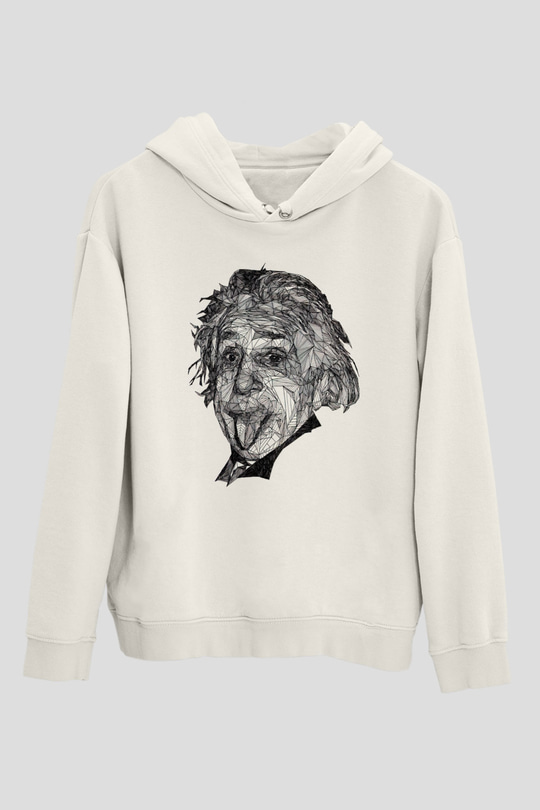 Geometrik Aibert Einstein Portesi Baskılı Unisex Beyaz Hoodie