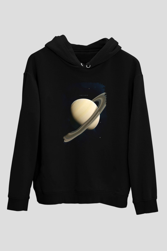 Gezegen Satürn Baskılı Unisex Siyah Hoodie