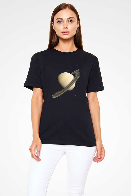 Gezegen Satürn Baskılı Unisex Siyah Tişört - Tshirt