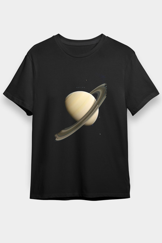 Gezegen Satürn Baskılı Unisex Siyah Tişört - Tshirt
