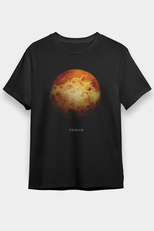 Gezegen Venüs Baskılı Unisex Siyah Tişört - Tshirt