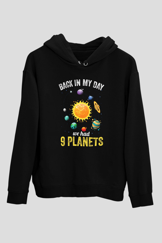 Gezegenler Baskılı Unisex Siyah Hoodie