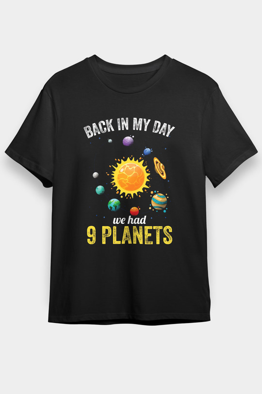 Gezegenler Baskılı Unisex Siyah Tişört - Tshirt