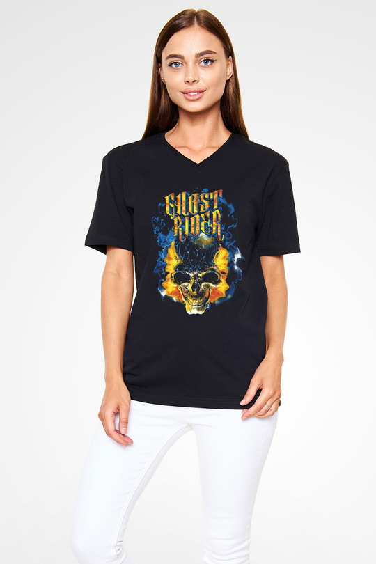 Ghost Rider Hayalet Sürücü Siyah Unisex  V Yaka Tişört
