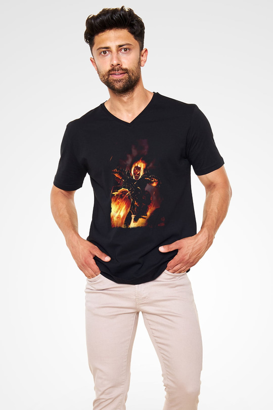 Ghost Rider Hayalet Sürücü Siyah Unisex  V Yaka Tişört