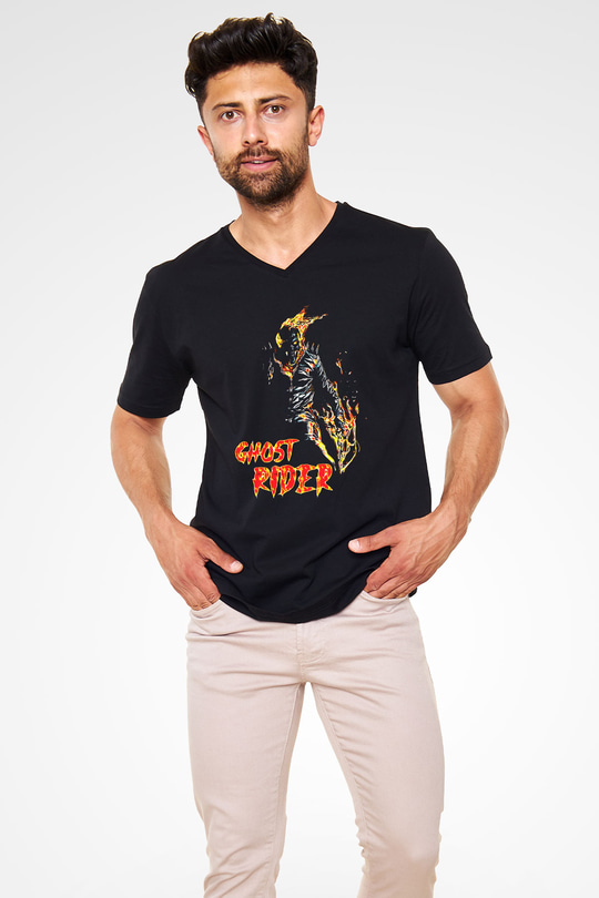 Ghost Rider Hayalet Sürücü Siyah Unisex  V Yaka Tişört
