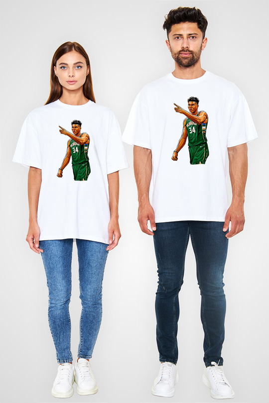 Giannis Antetokounpma Baskılı Beyaz Unisex Oversize Tişört - Tshirt